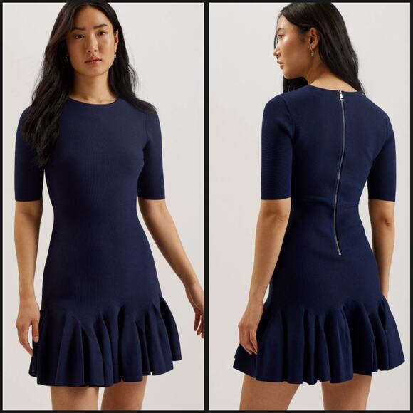 Ted Baker Dresses & Skirts - TED BAKER Pleated Hem Knitted Bodycon Mini Dress Navy Blue Mini TB Size 2/US 6
